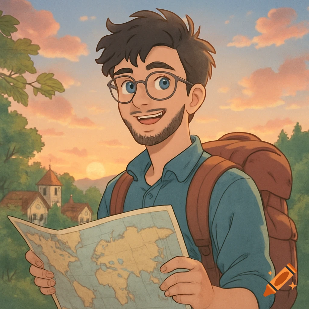 A smiling anime man with glasses and a beard, wearing a backpack, holds a world map at sunset in a Ghibli-inspired style.