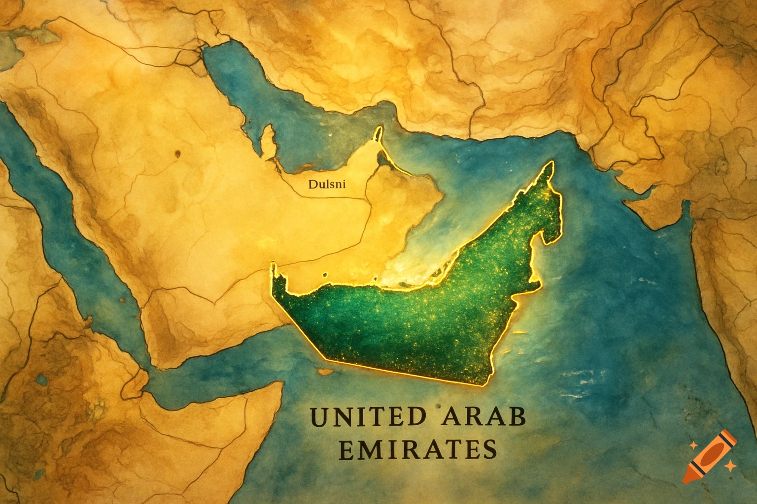 Watercolor map of the Middle East highlighting the United Arab Emirates in bright green, with country names visible.