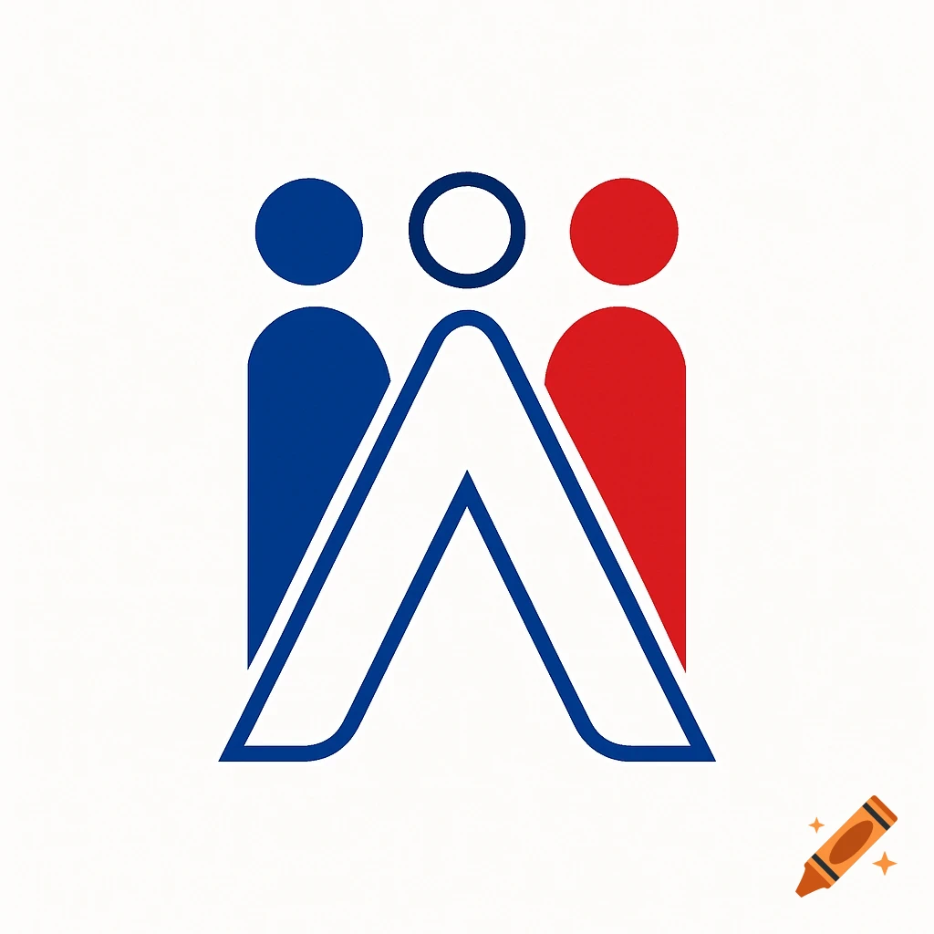 Minimalist logo with abstract blue and red figures flanking an outlined white 'A' shape, all on a white background.