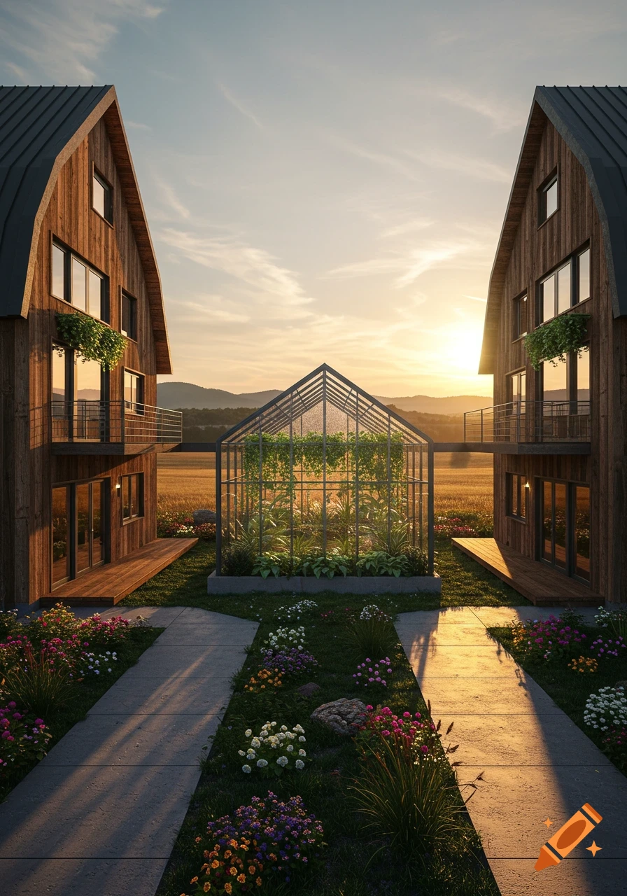 Two modern barn-style houses frame a greenhouse in a vibrant garden with mountains and sunset background, photorealistic.