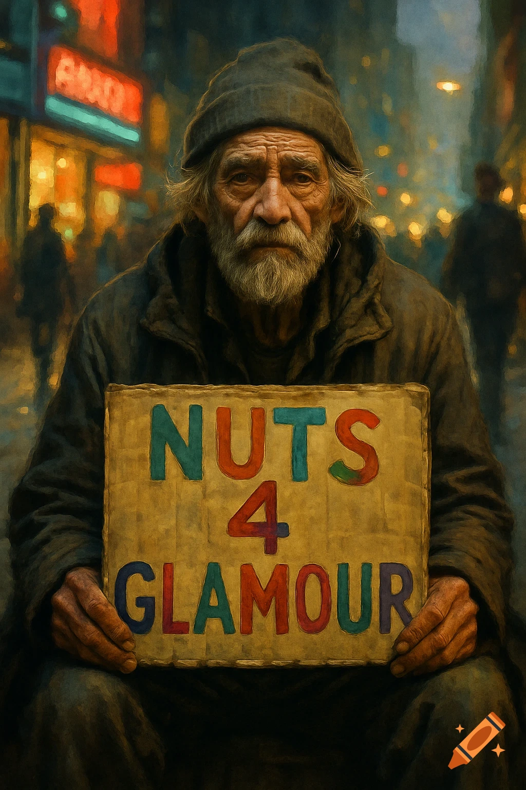 A photorealistic painting of an old, bearded homeless man in a beanie holding a sign that reads 'NUTS 4 GLAMOUR' in a blurry city street.