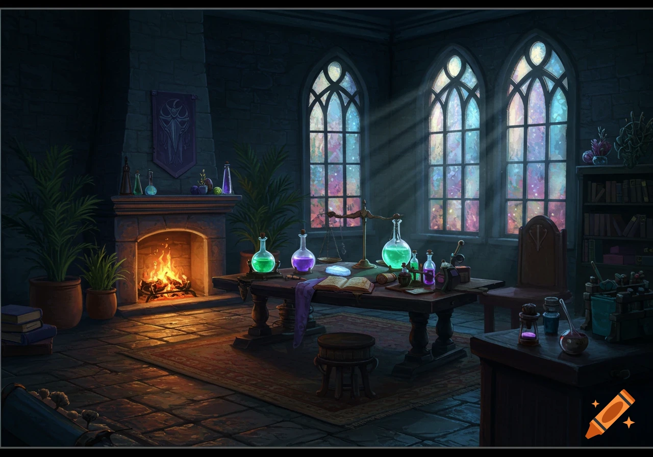 A dark fantasy alchemy lab with colorful gothic windows, a fireplace, glowing potions on a wooden table, and potted plants.