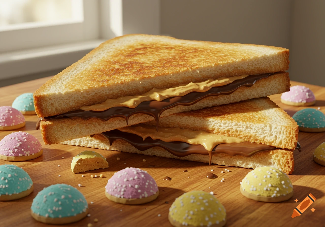 Two toasted peanut butter and chocolate spread sandwiches on a wooden table, surrounded by colorful iced gem cookies. Photorealistic.