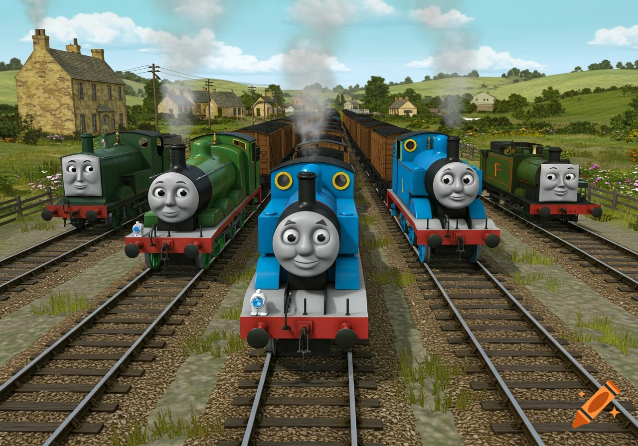 Five Thomas and Friends trains, including two blue and three green, smile on parallel tracks in a rural landscape.