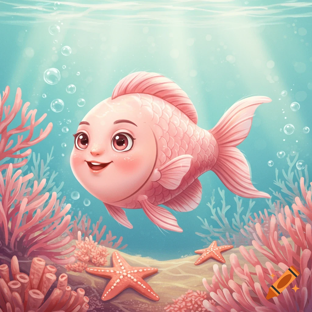 Smiling cartoon pink fish with a human face swimming underwater amidst coral and starfish.