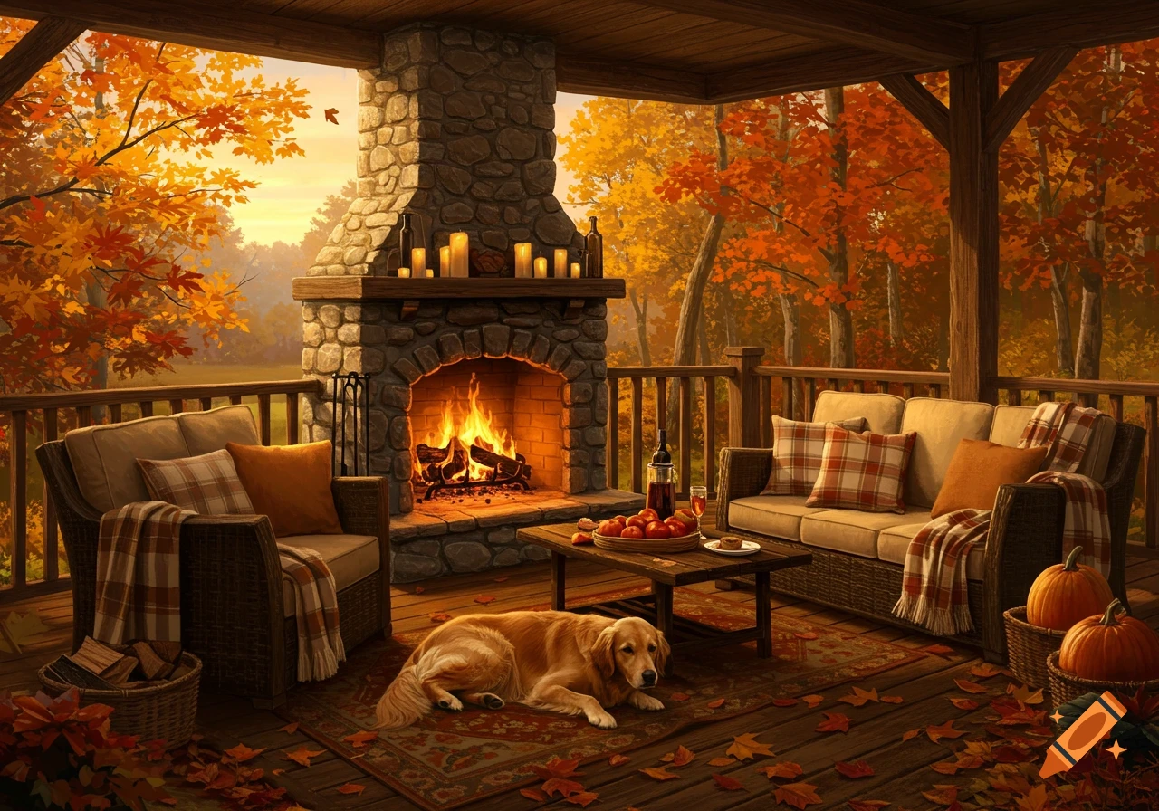 A cozy outdoor patio with a stone fireplace, fall leaves, and a golden retriever lying on a rug.