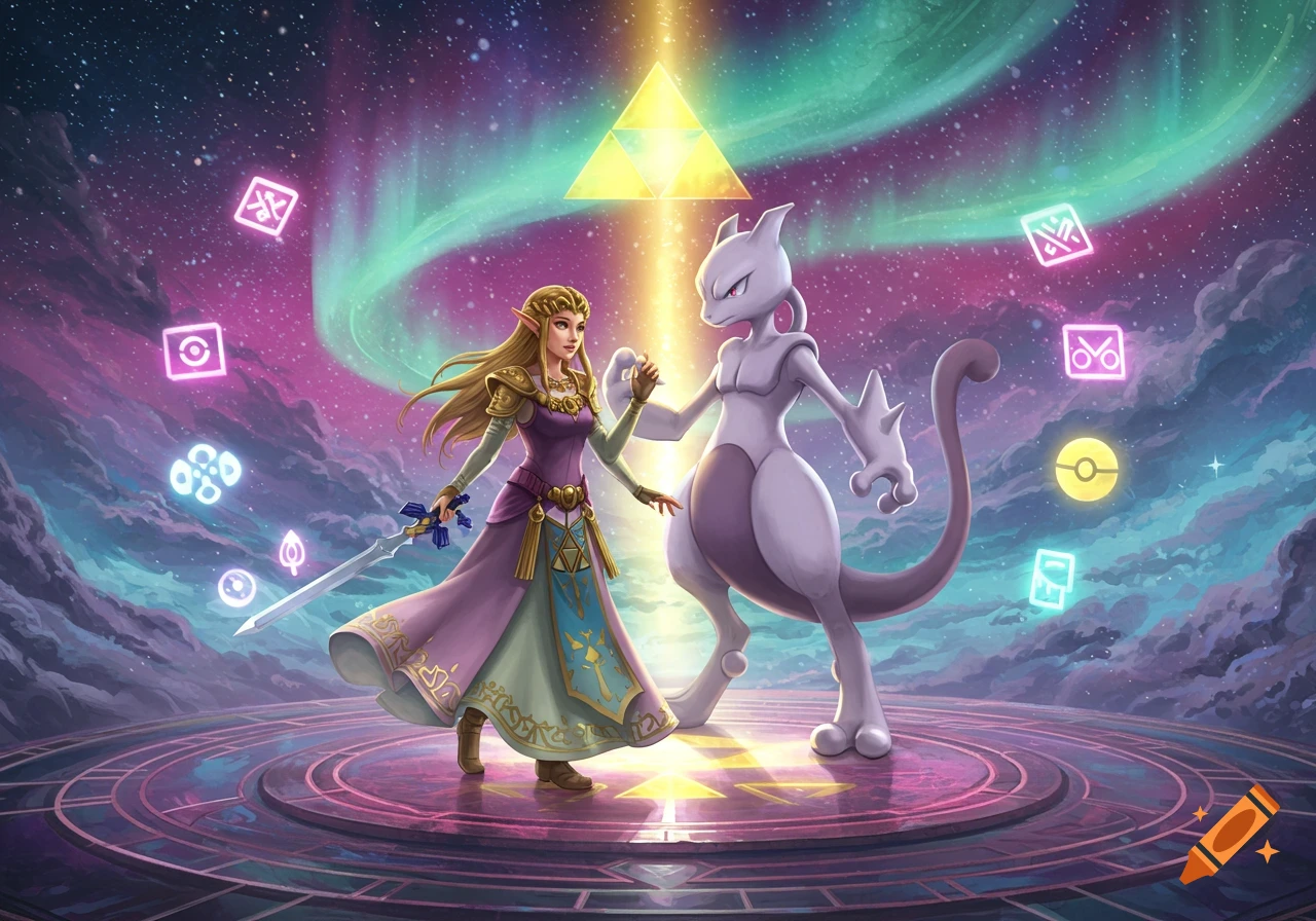 Princess Zelda and Mewtwo on a glowing platform beneath a starry, aurora sky with floating symbols.