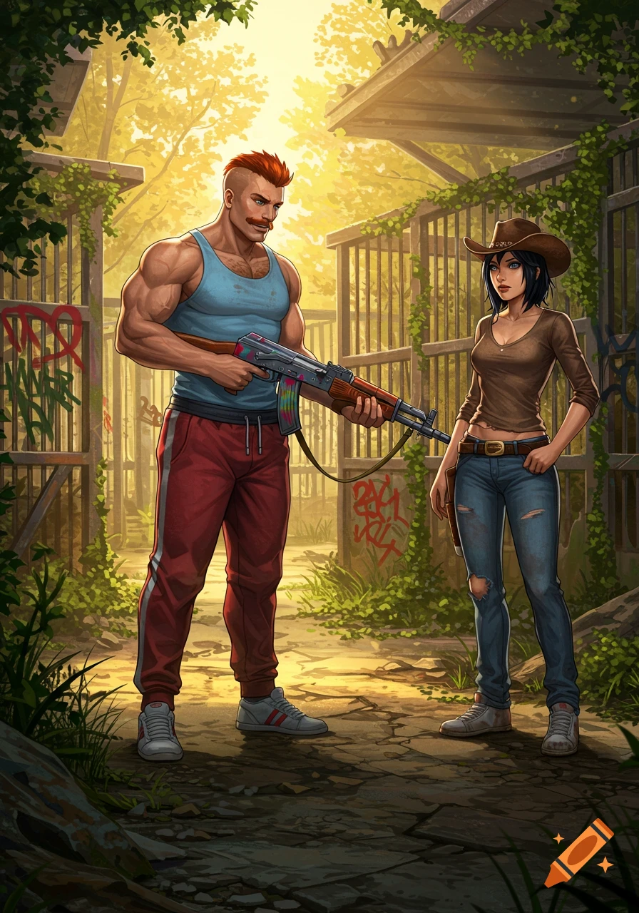 A muscular man with an AK-47 stands next to a woman in a cowboy hat in a ruined, overgrown setting, in a DnD art style.