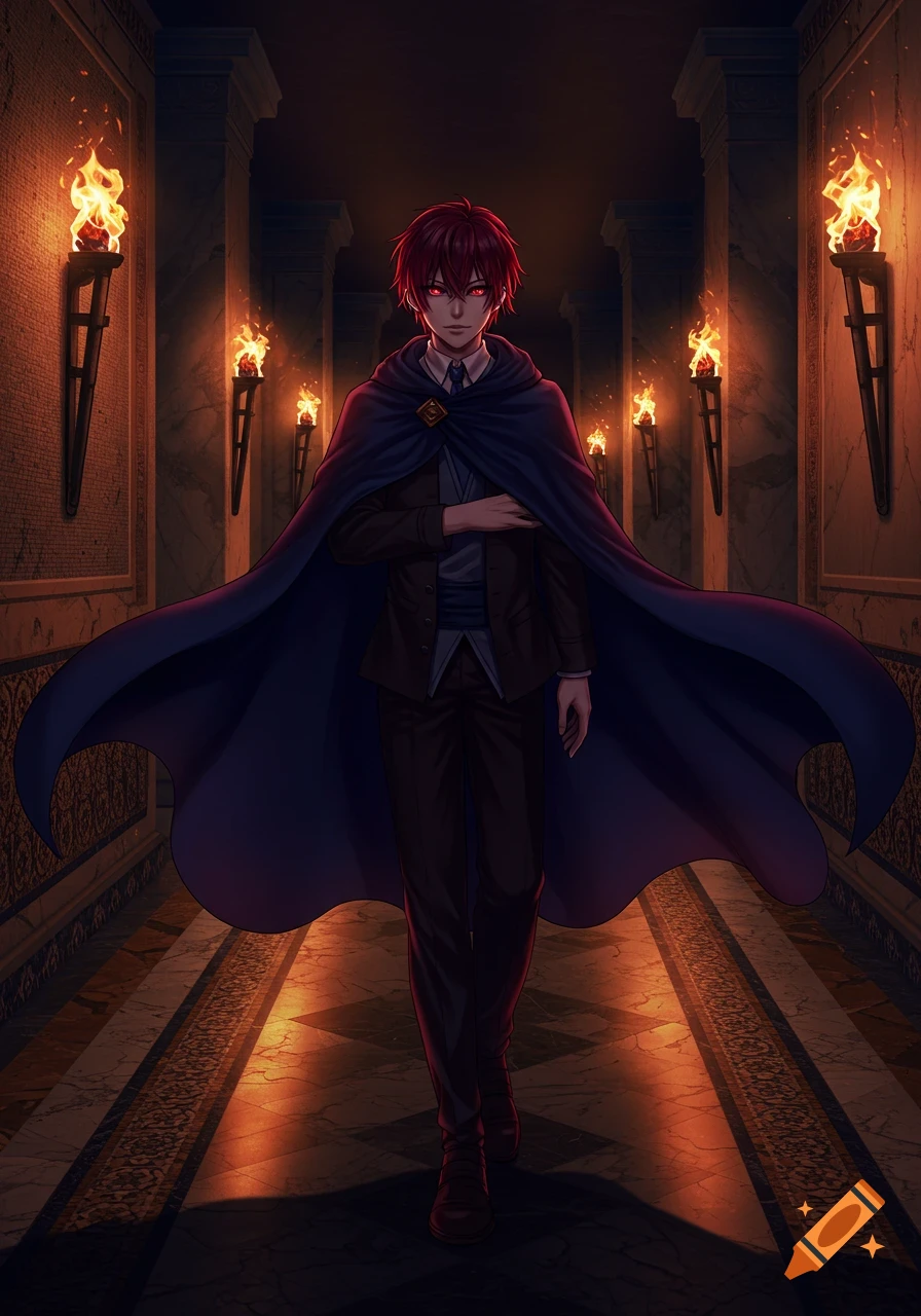 Anime wizard boy with red eyes and dark red hair wearing a dark suit and flowing blue cape stands in a torch-lit hallway.