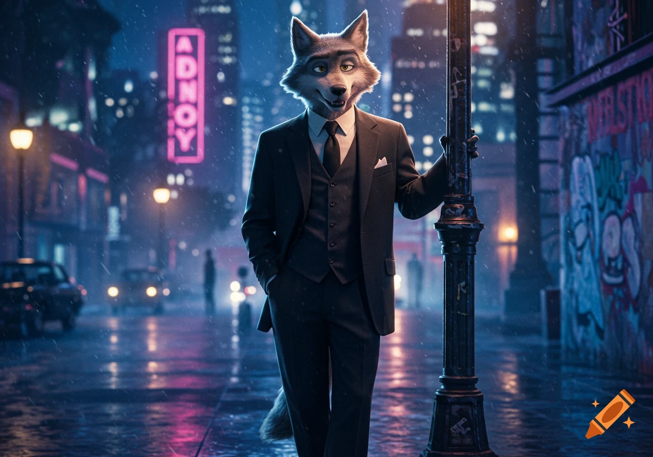Anthropomorphic wolf in a suit stands on a rainy city street at night, leaning on a lamppost with neon signs.