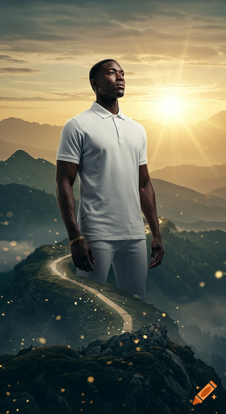 Man in white polo shirt on a winding mountain path looking at a sunrise over misty peaks, with glowing particles.
