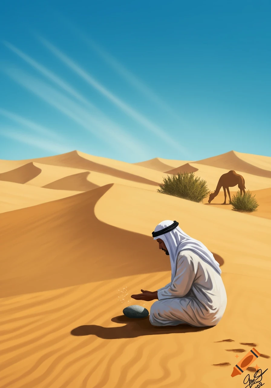 Illustration of an Arab man kneeling in a vast desert, performing Tayammum with a rock. A camel grazes in the background under a bright blue sky.