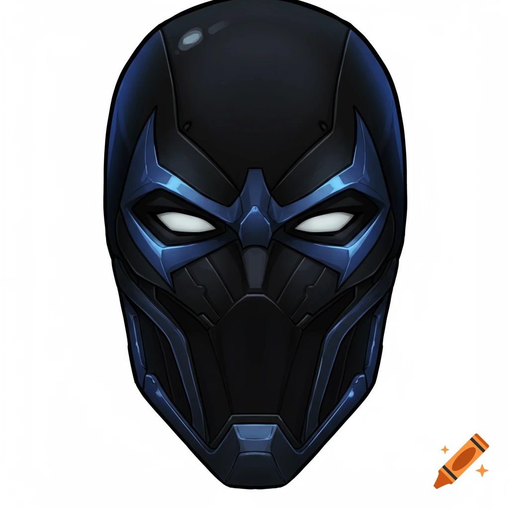 A sleek black and blue superhero mask with glowing white eyes in a comic book illustration style.