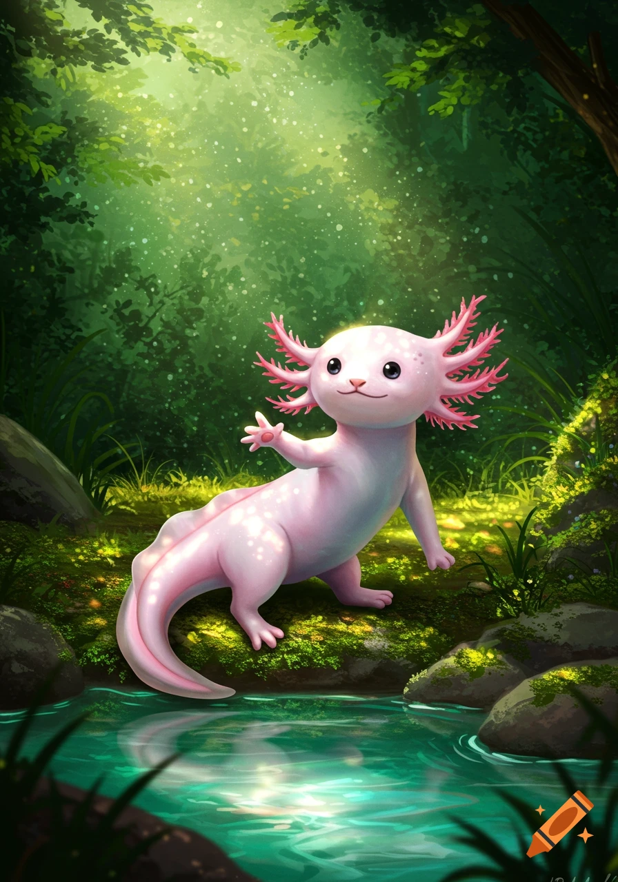 A cute pink axolotl with feathery gills waves by a clear stream in a lush, sun-dappled green forest, digital illustration.