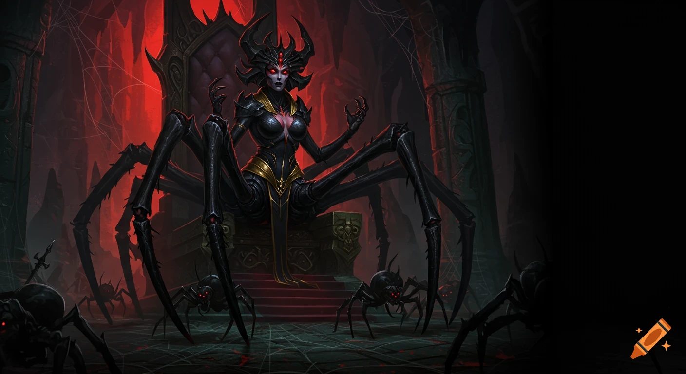 A menacing spider queen with glowing red eyes sits on a dark throne, surrounded by spider minions in an ominous fantasy throne room.