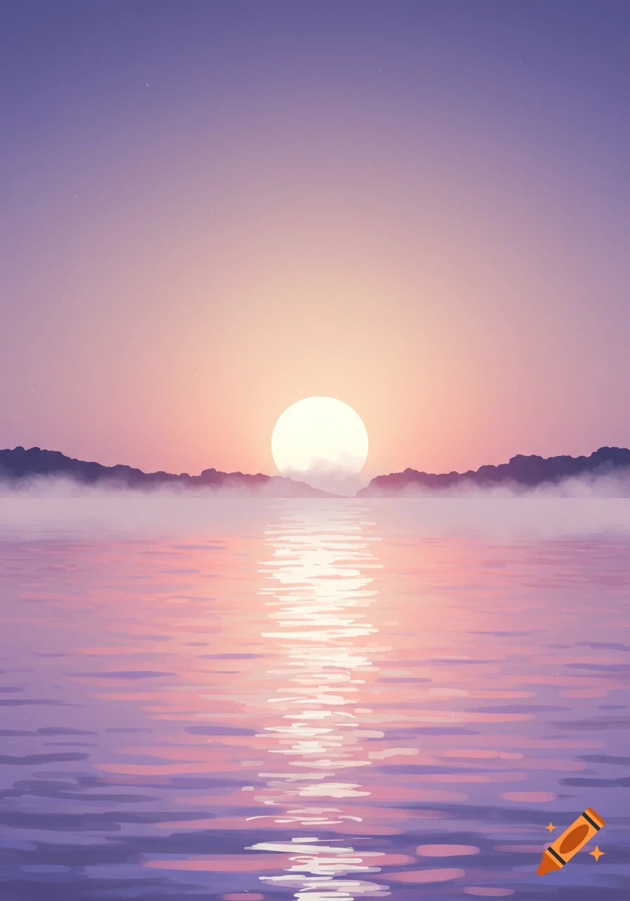 Stylized landscape of a large golden sun rising over a misty lake, with dark mountain silhouettes and reflections in purple and pink water.
