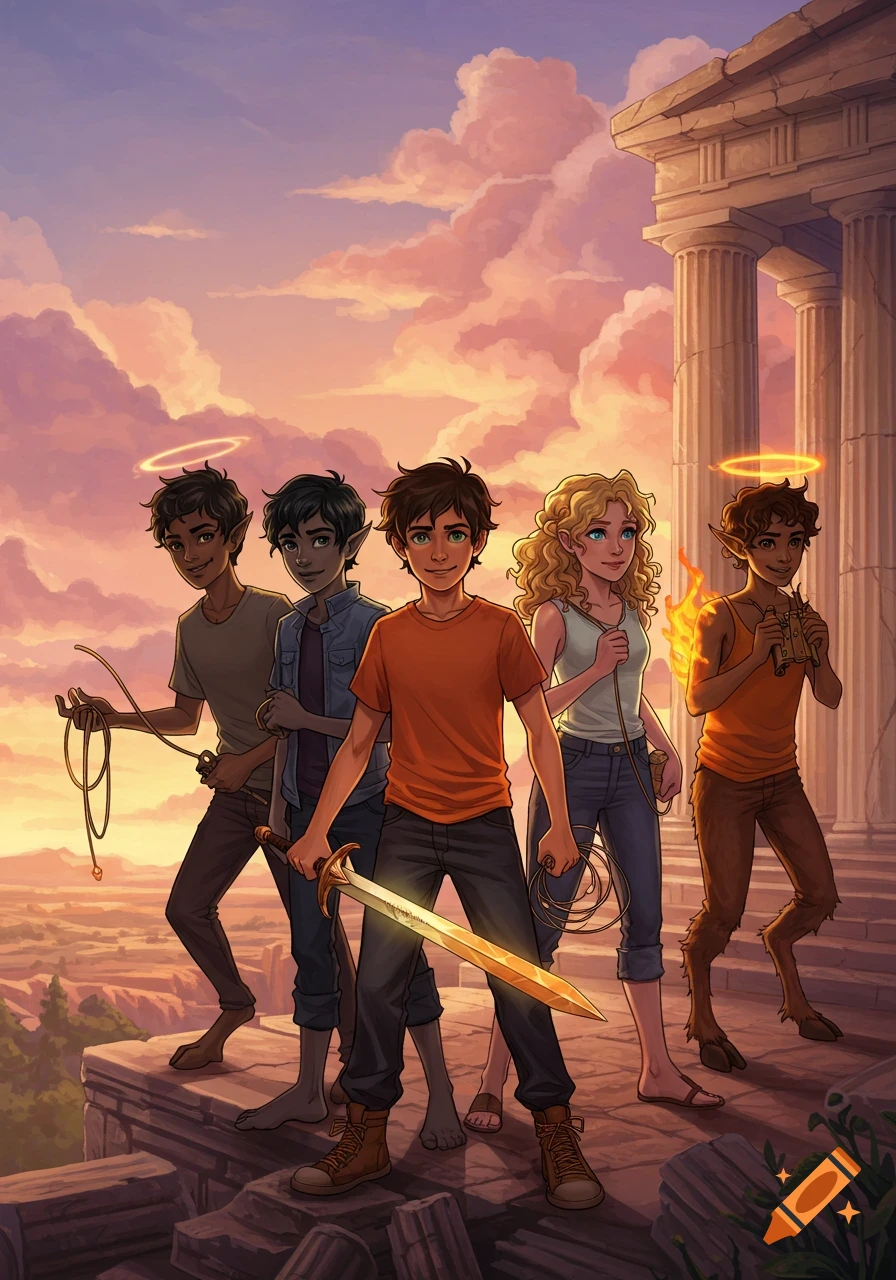 Five young fantasy characters stand heroically on ancient ruins at sunset. A boy with a glowing sword is central, flanked by friends with unique traits like pointy ears, halos, and furry legs.