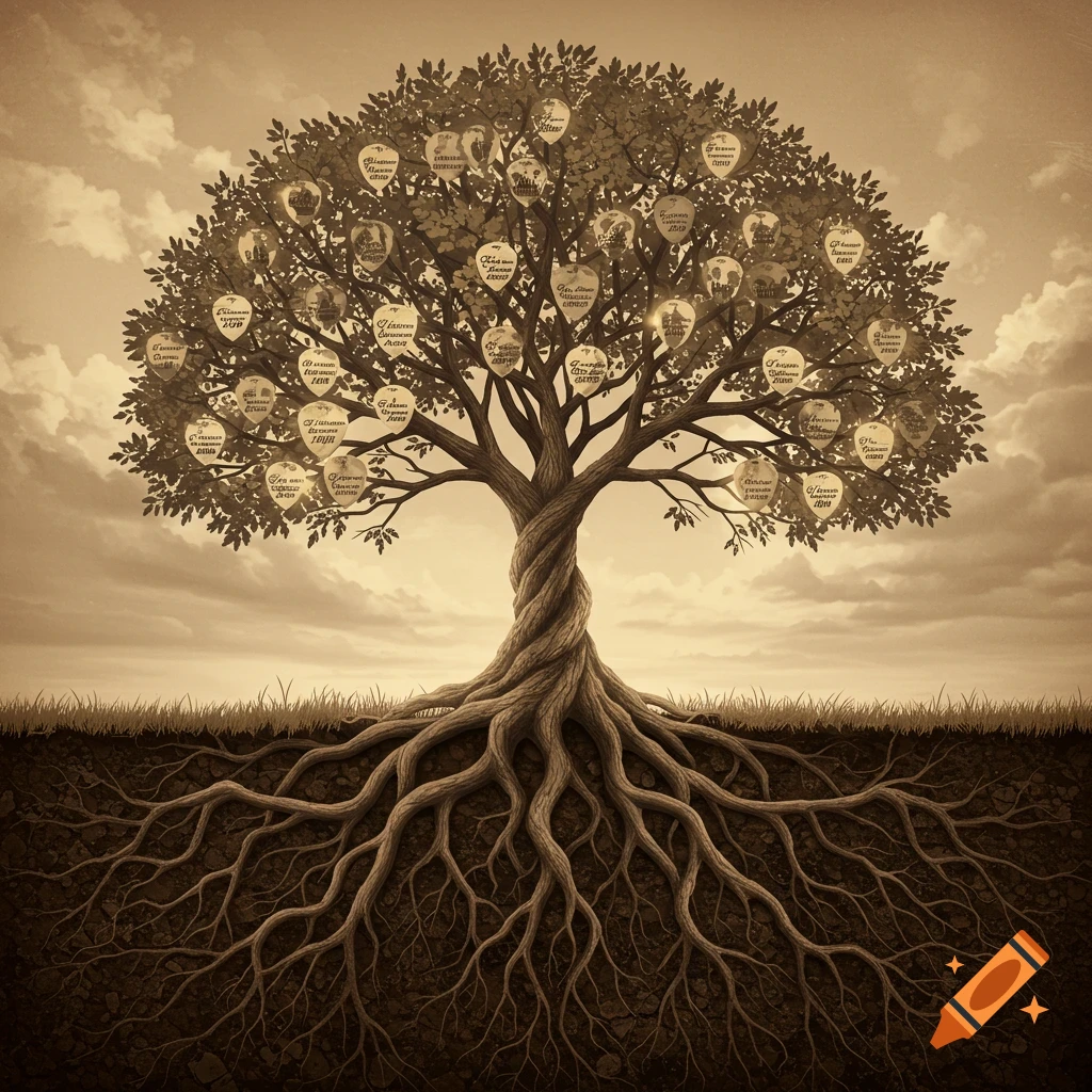 Sepia-toned illustration of a family tree with deep roots and heart-shaped labels on its branches.