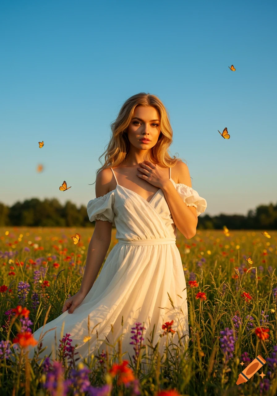 A beautiful woman in a white dress stands in a vibrant wildflower field with butterflies, under a clear blue sky.