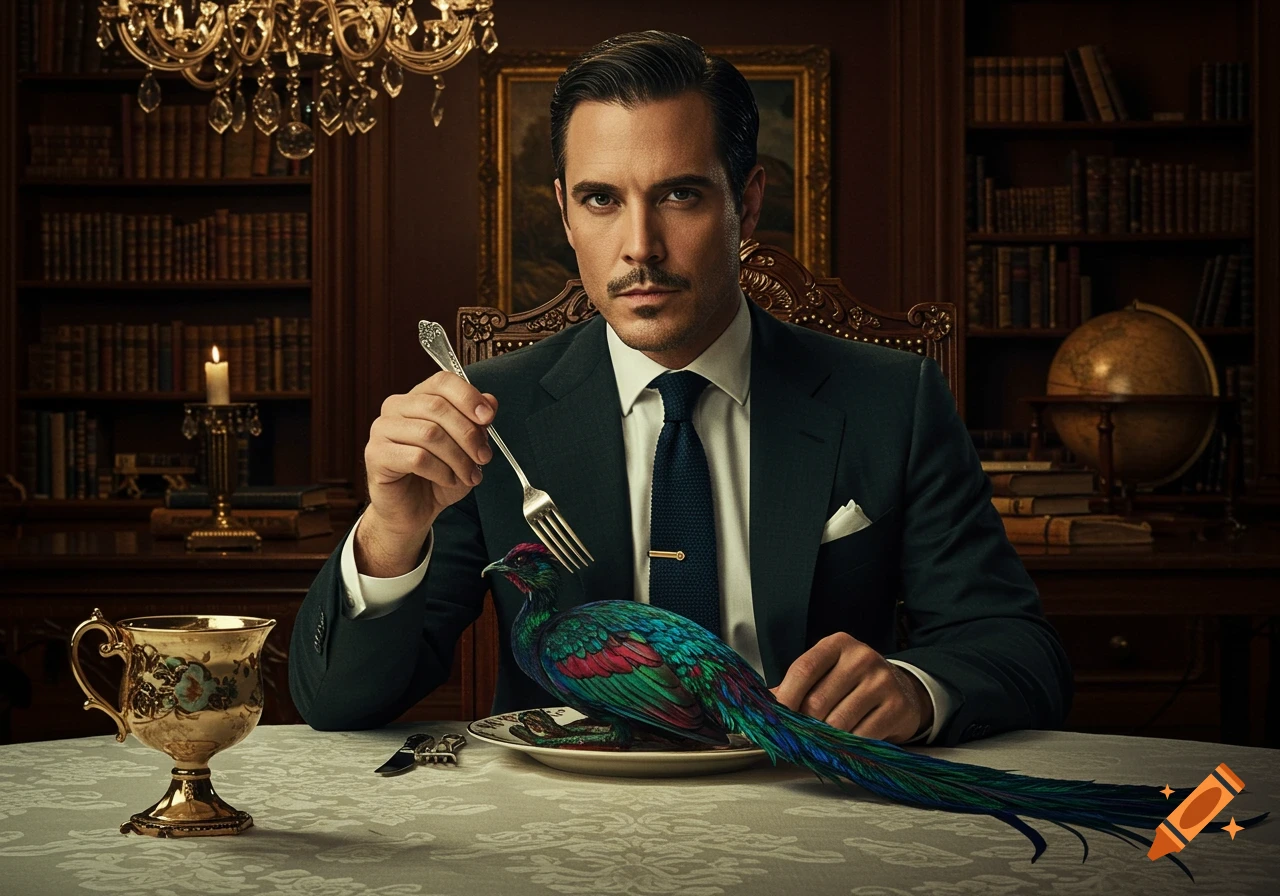 A dapper man with a mustache in a dark suit holds a fork over a vibrant, colorful bird on a plate in a stately library.