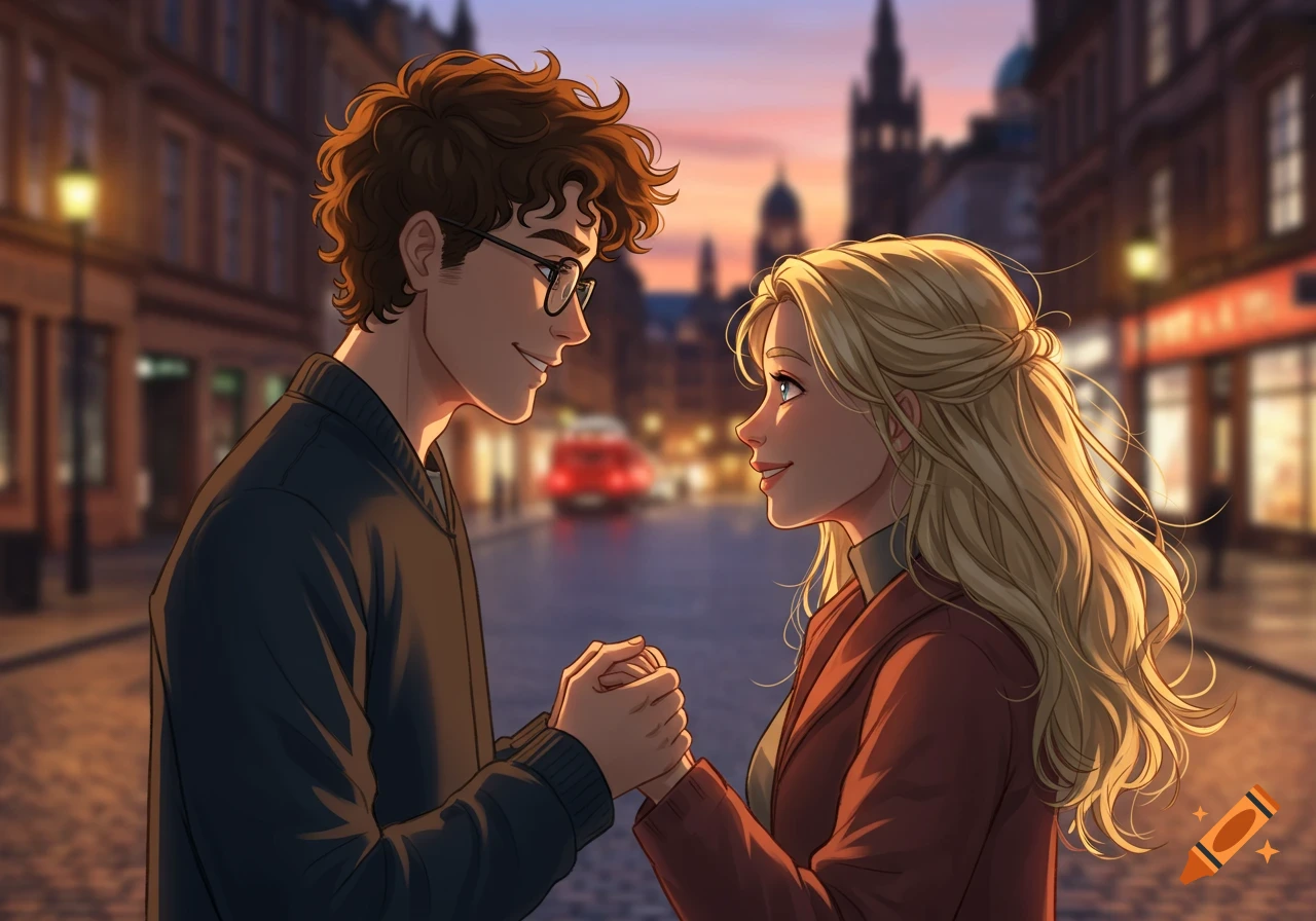 Animated couple holding hands and looking into each other's eyes on a city street at sunset.