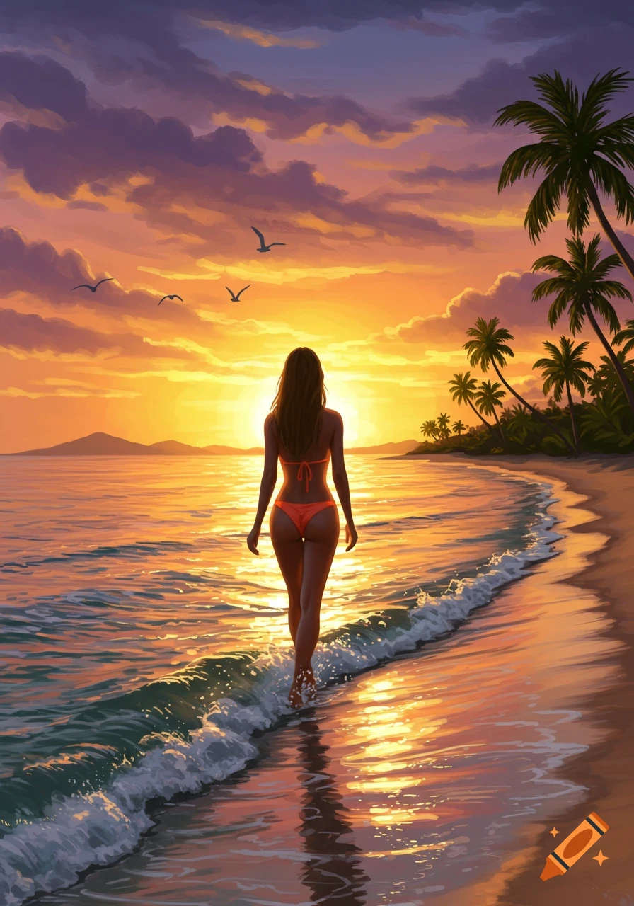 Digital painting of a woman in a bikini walking along a beach at sunset, with palm trees and birds.