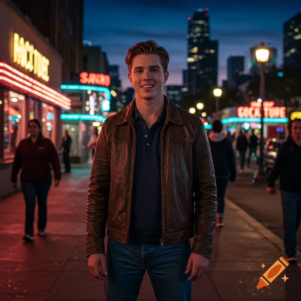 A smiling young man in a brown leather jacket and blue jeans stands on a city sidewalk at night with neon signs and buildings in the background.