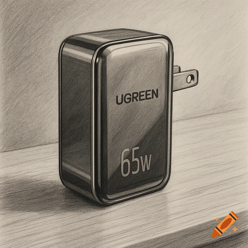 A monochrome pencil sketch of a UGREEN 65W wall charger standing upright.