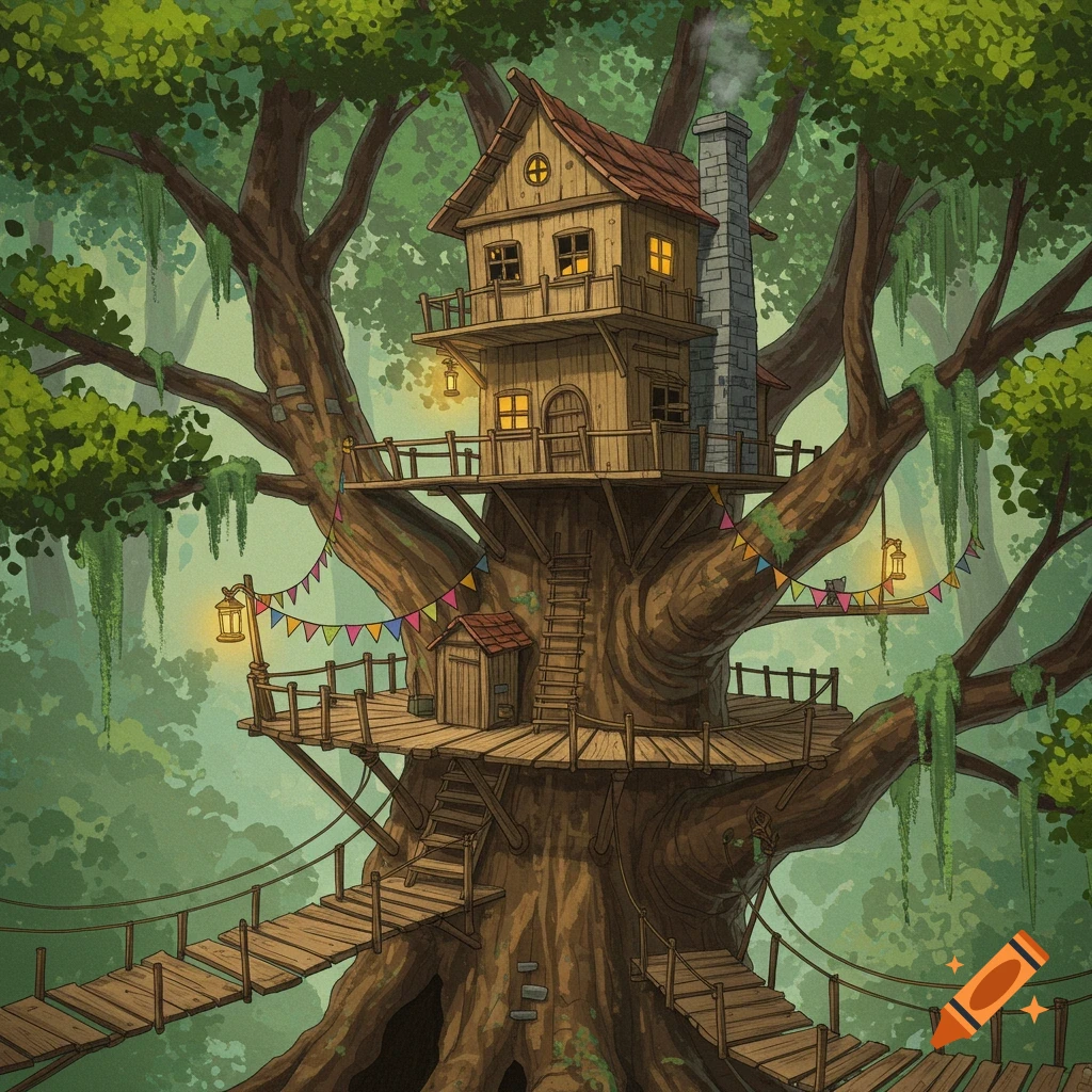 A whimsical, detailed illustration of a multi-level wooden treehouse nestled high in a lush green forest, with rope bridges and lanterns.