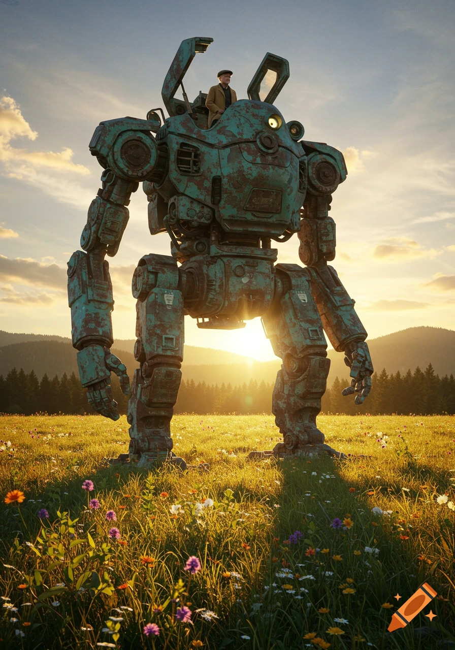 A photorealistic image of a huge, rusty teal robot with a man in the cockpit, standing in a wildflower field at sunset.