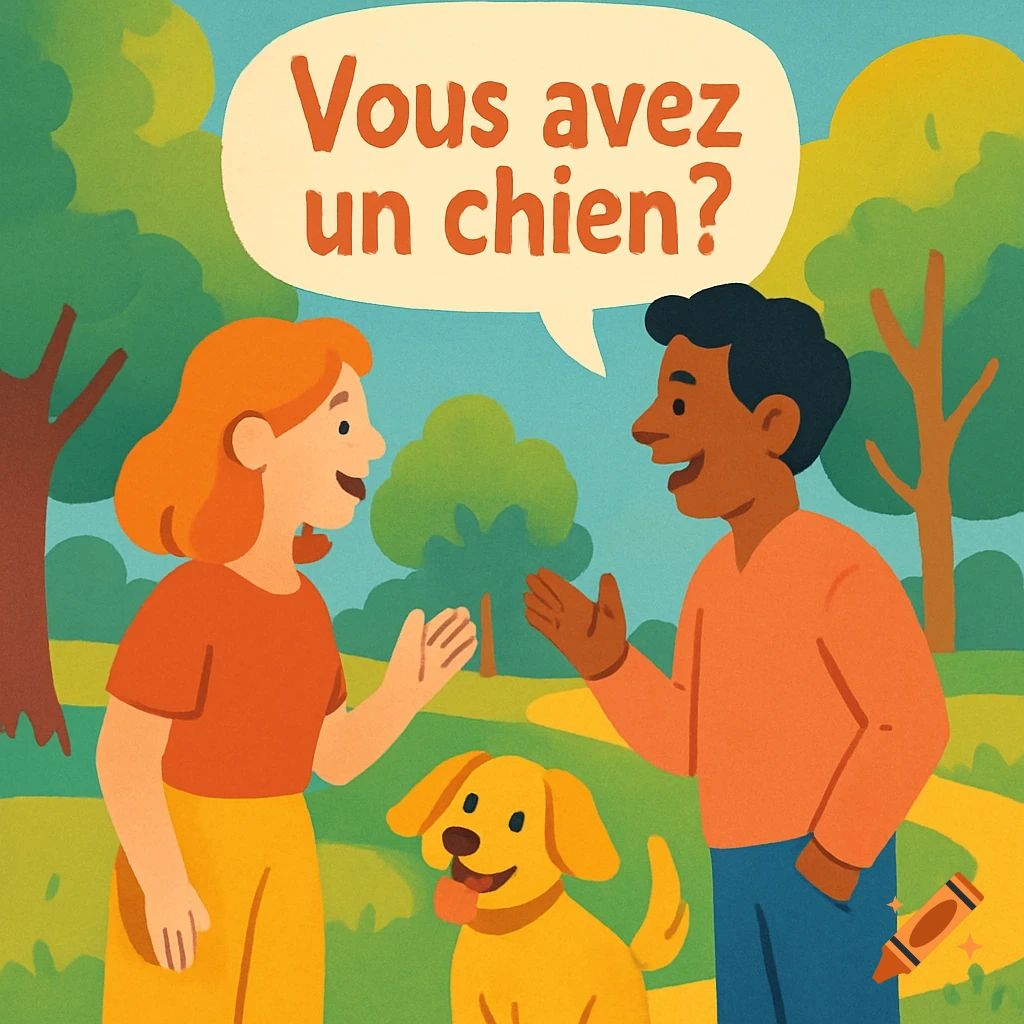 An illustration of a man and a woman in a park with a yellow dog, with a speech bubble saying 'Vous avez un chien?'