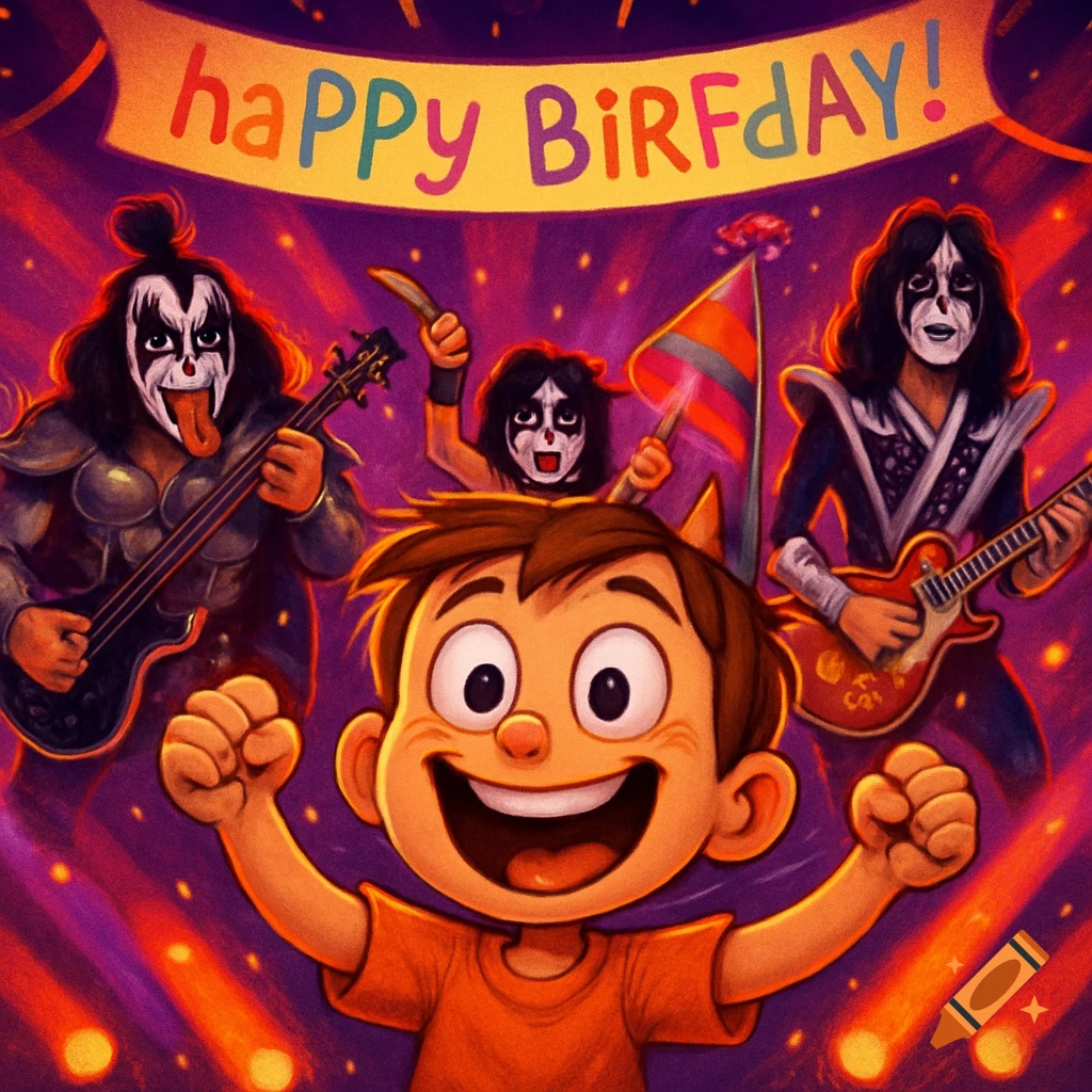 A cartoon boy happily celebrates his birthday with the band KISS playing instruments, under a banner reading "haPPy BirFdaY!"