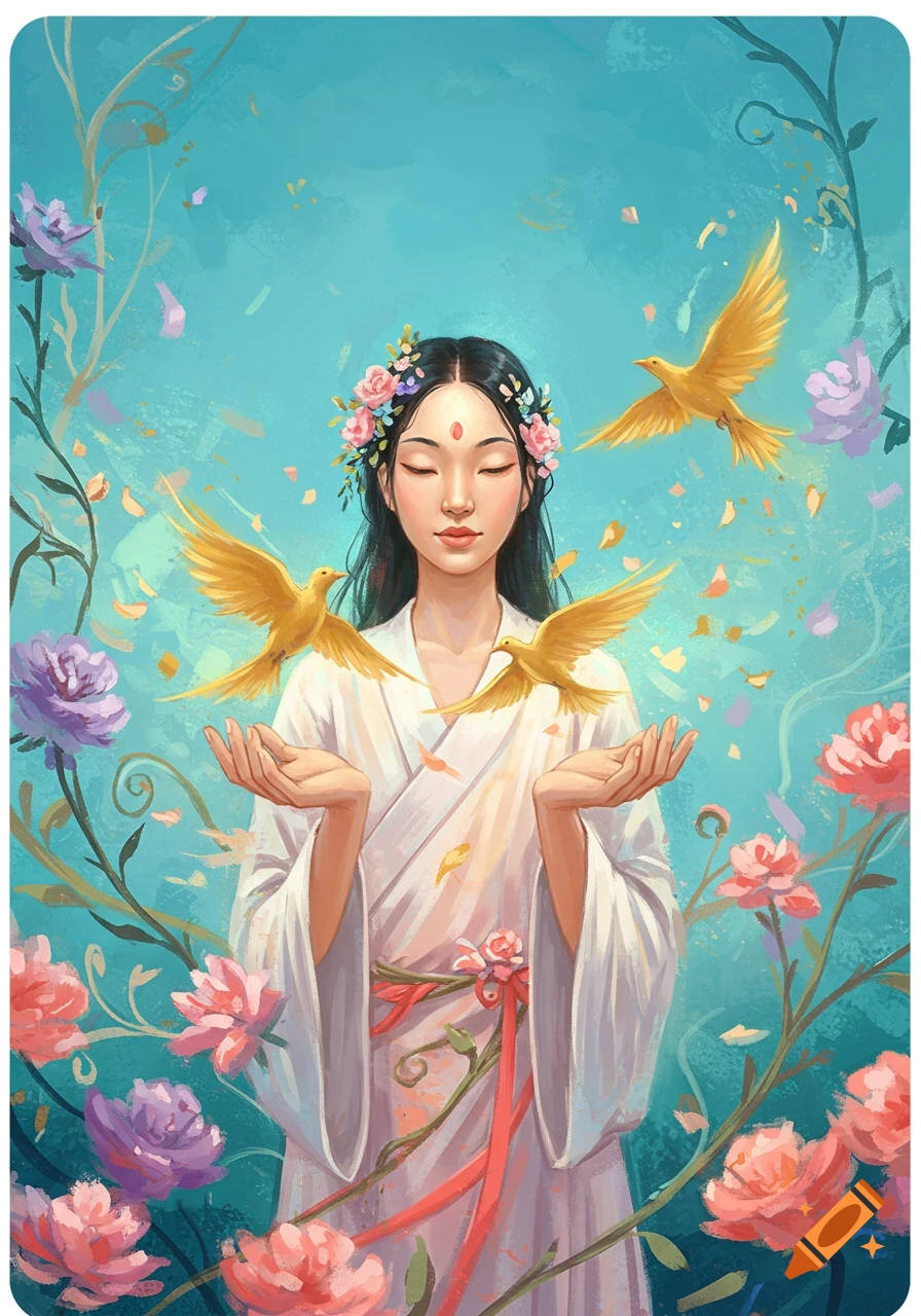Painterly illustration of a serene woman with closed eyes, flowers in her hair, and open hands, as golden birds fly from them amidst blooming flowers.