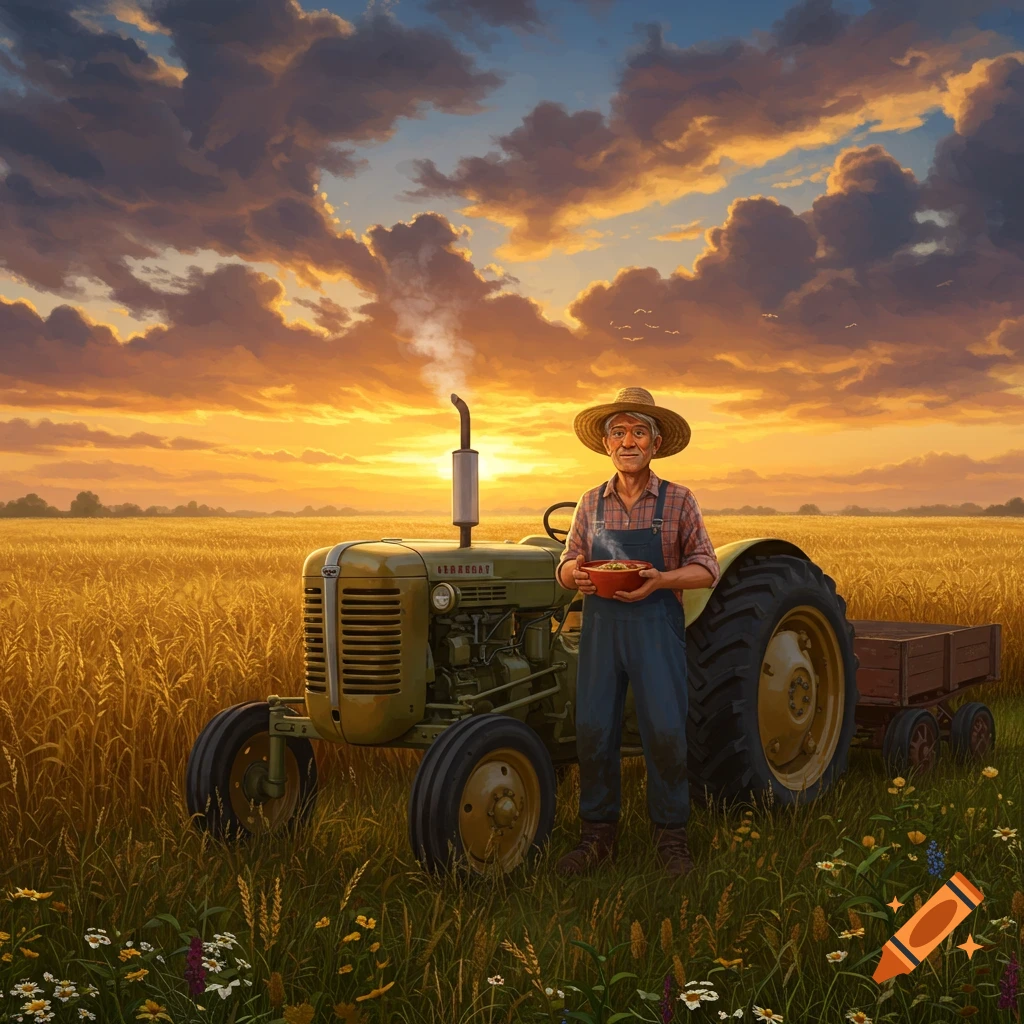 An old farmer in overalls stands by a tractor in a golden wheat field, holding a bowl, under a dramatic sunset sky.