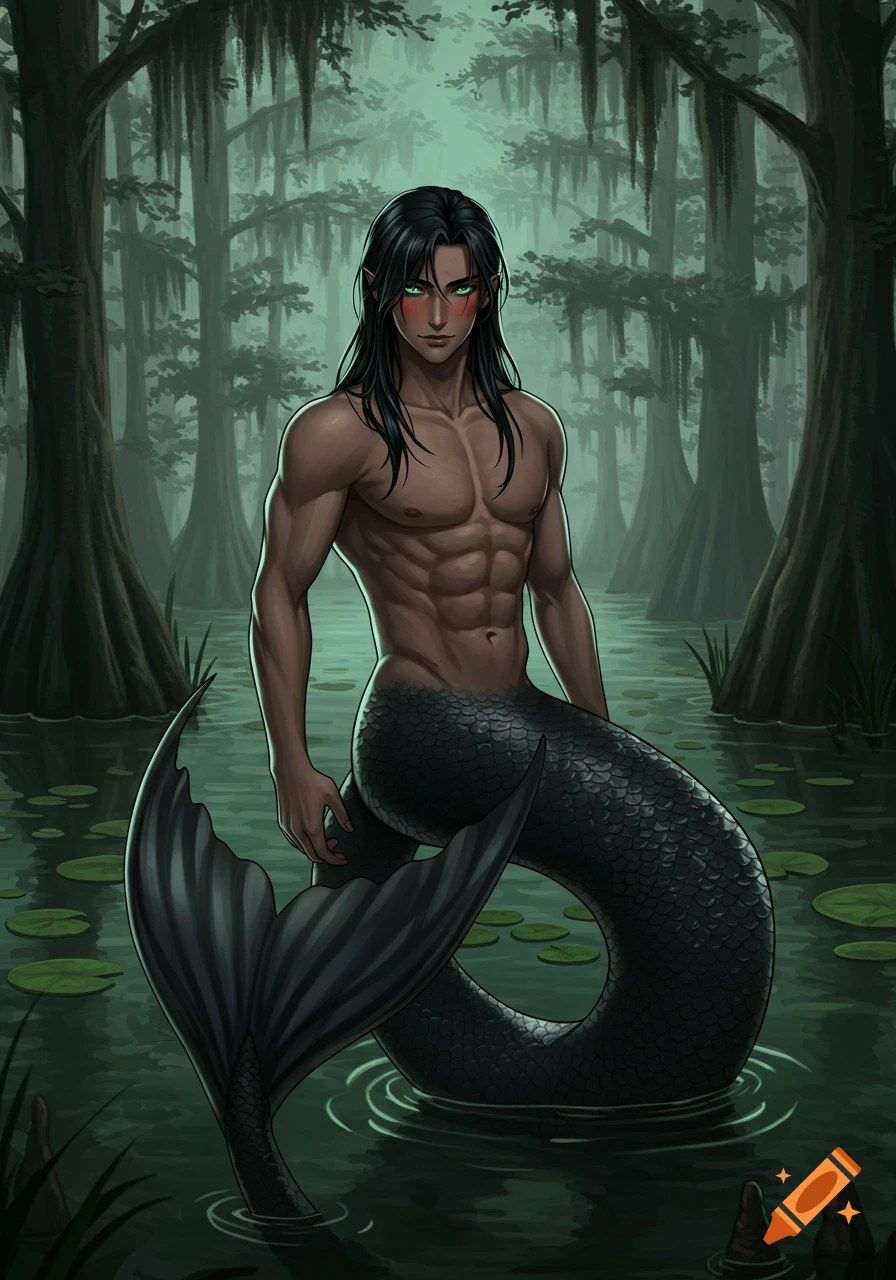 Anime style muscular male mermaid with black hair, green eyes, and a black tail in a dark swamp with lily pads.