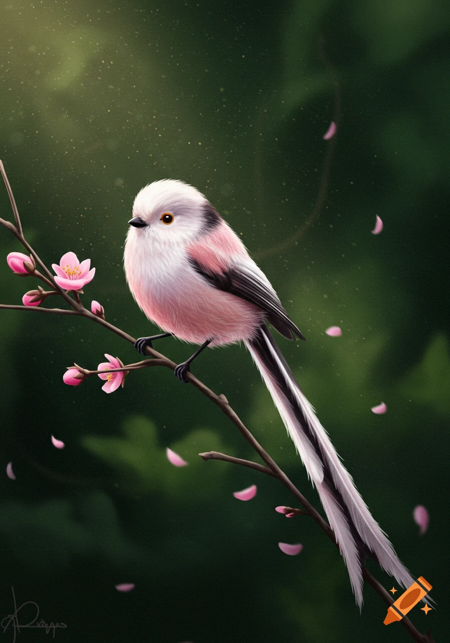 A pink, white, and black long-tailed bird perches on a branch with pink blossoms and falling petals, digital art.