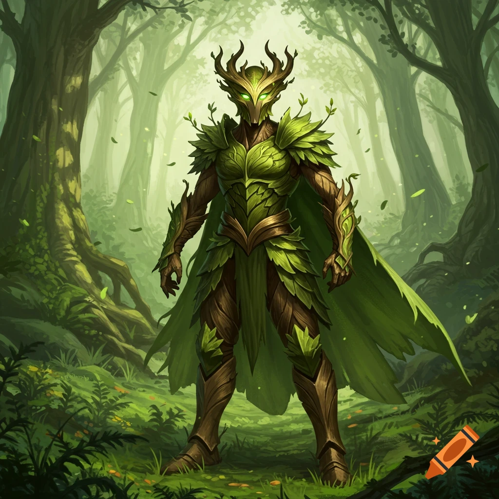 A humanoid figure with green leafy armor, glowing eyes, and antlers stands in a vibrant, misty forest.