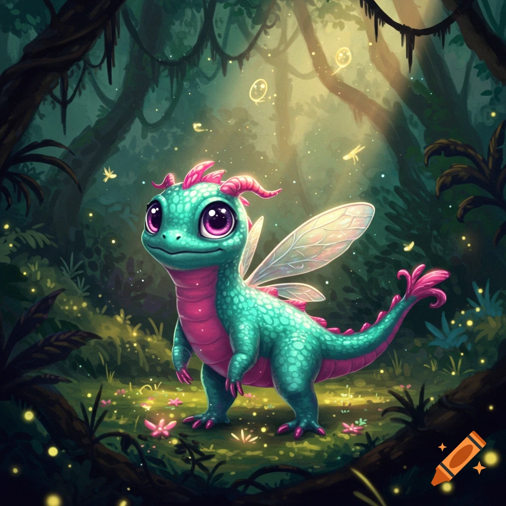 A cute, teal and pink baby dragon with large purple eyes and fairy wings stands in a magical, glowing forest.