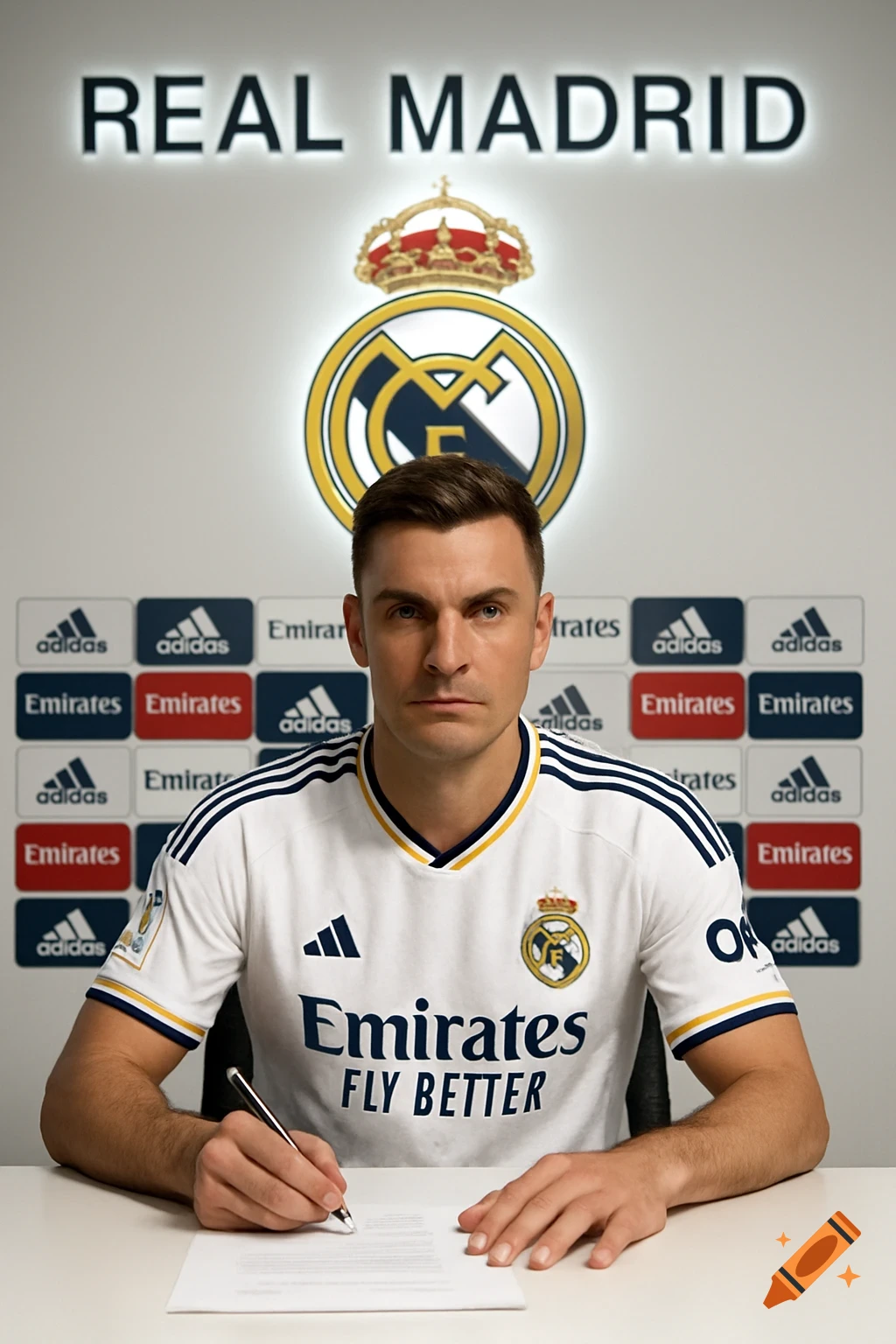 Photorealistic image of a male football player in a Real Madrid jersey signing a document at a table, with club and sponsor logos in the background.