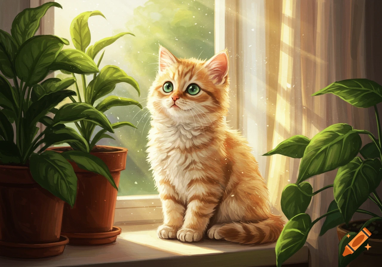 An orange tabby kitten with green eyes sits on a sunny windowsill next to potted plants, an illustration.
