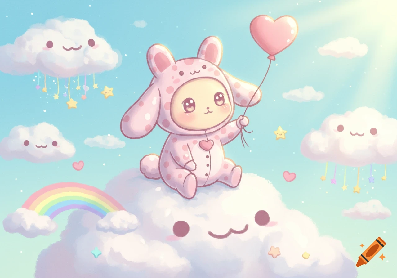 Kawaii cartoon character in a pink bunny suit sitting on a smiling cloud, holding a heart balloon, under a blue sky with a rainbow.