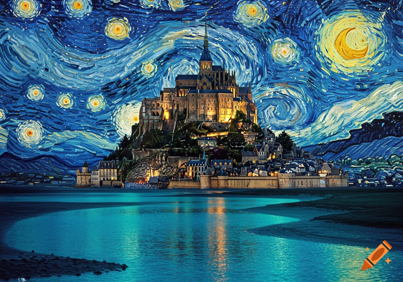 Mont Saint-Michel at night, depicted in the swirling, starry style of Van Gogh's painting.