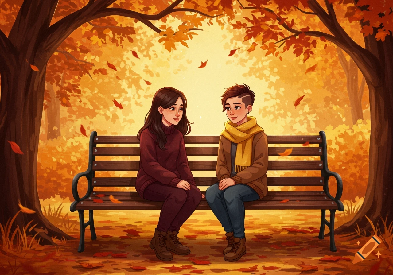 Illustration of two young women sitting on a park bench, having a conversation amidst autumn leaves.
