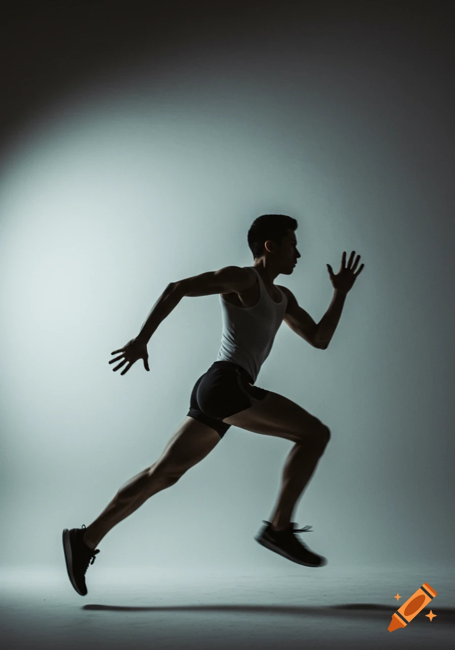 A male runner sprints with motion blur against a high-contrast gradient backdrop in a studio setting.