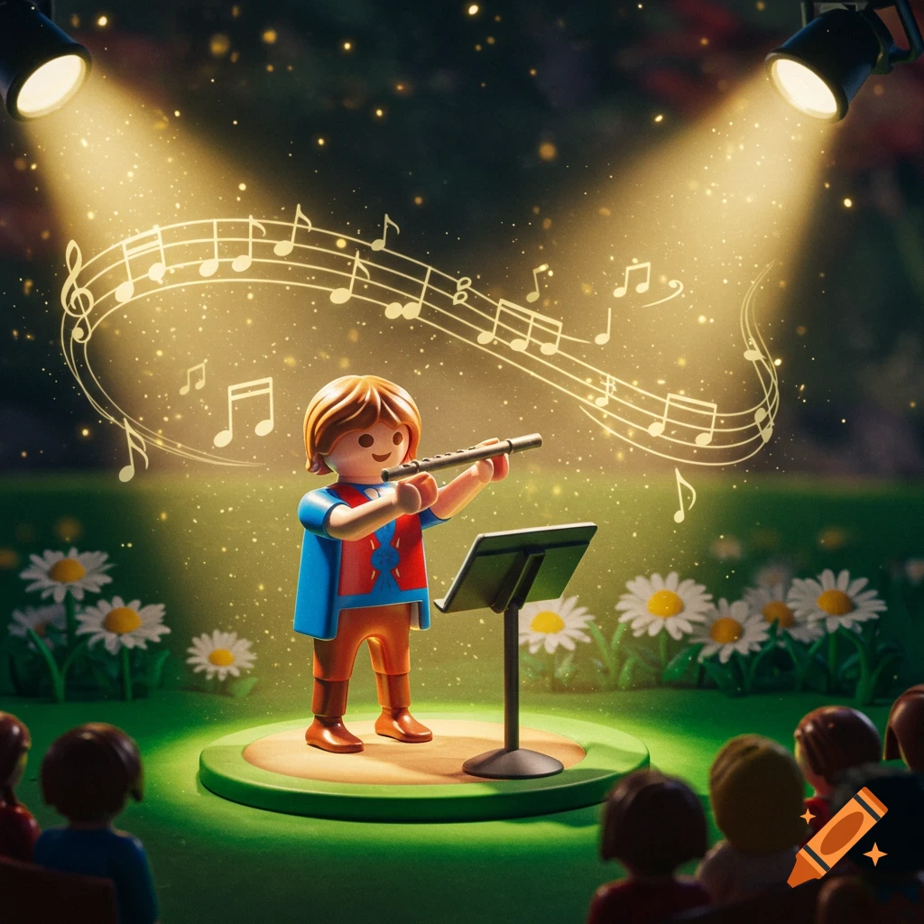 A Playmobil figure plays a flute on a stage illuminated by spotlights, with musical notes glowing around it.