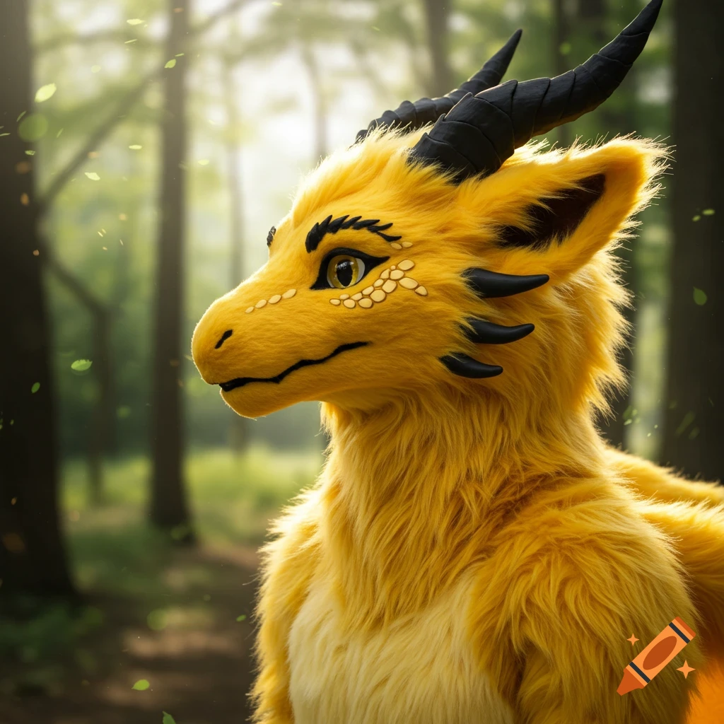 Photorealistic image of a fluffy yellow dragon fursuit with black horns, looking left in a sun-dappled forest.