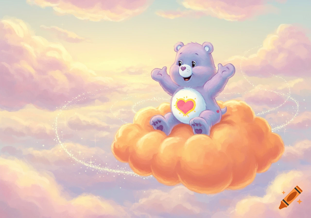 A cute purple Care Bear with a heart on its belly sits on a fluffy orange cloud in a pastel sky.