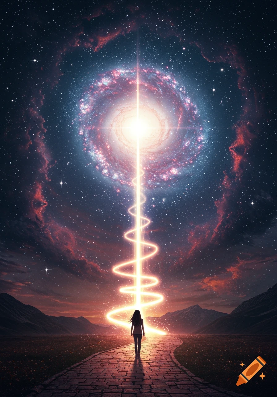 A young woman walks on a winding stone path towards a swirling galaxy with a bright light beam, under a starry sky with distant mountains. Digital painting.