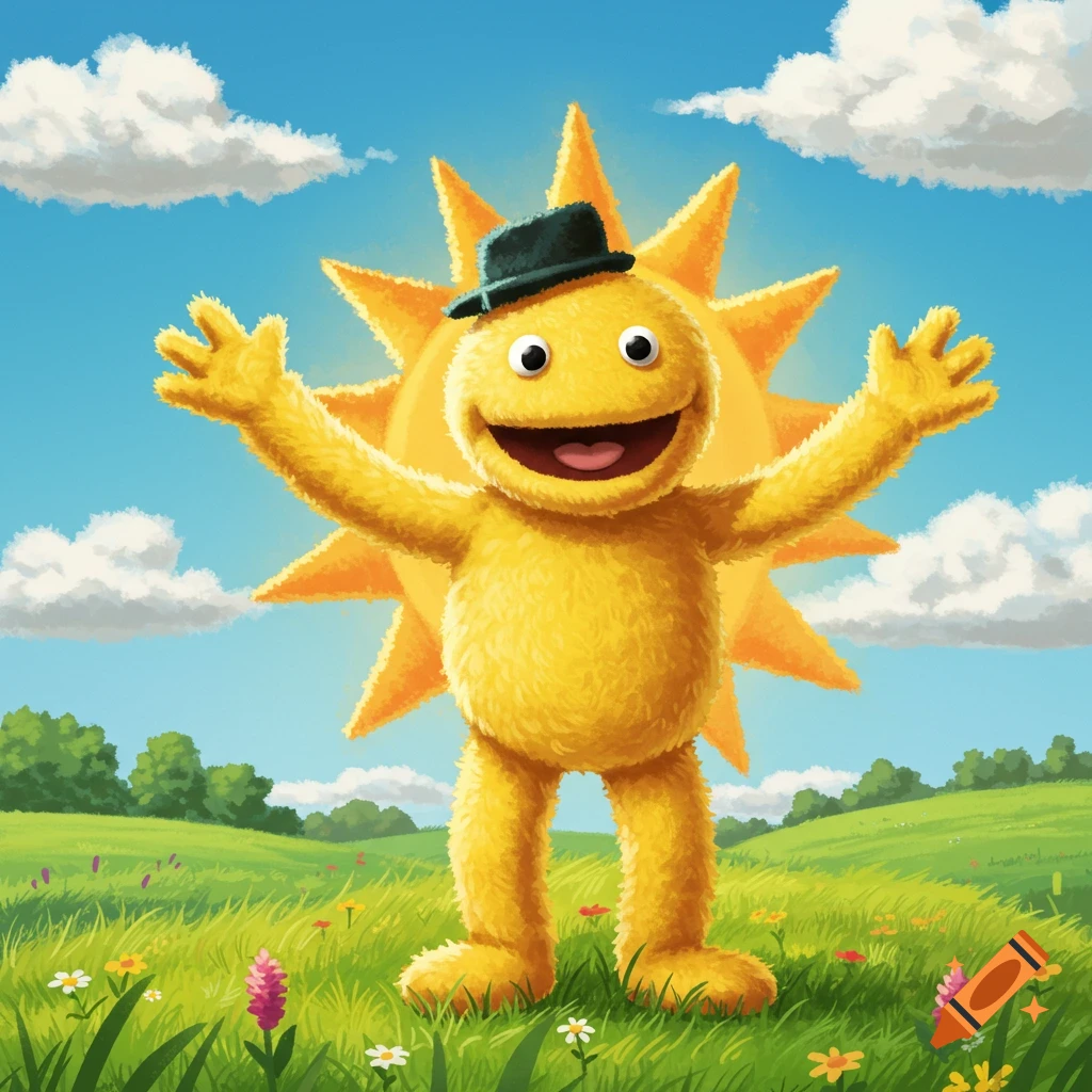 A furry yellow monster with a hat and big smile stands in a sunny field with a sun behind it.