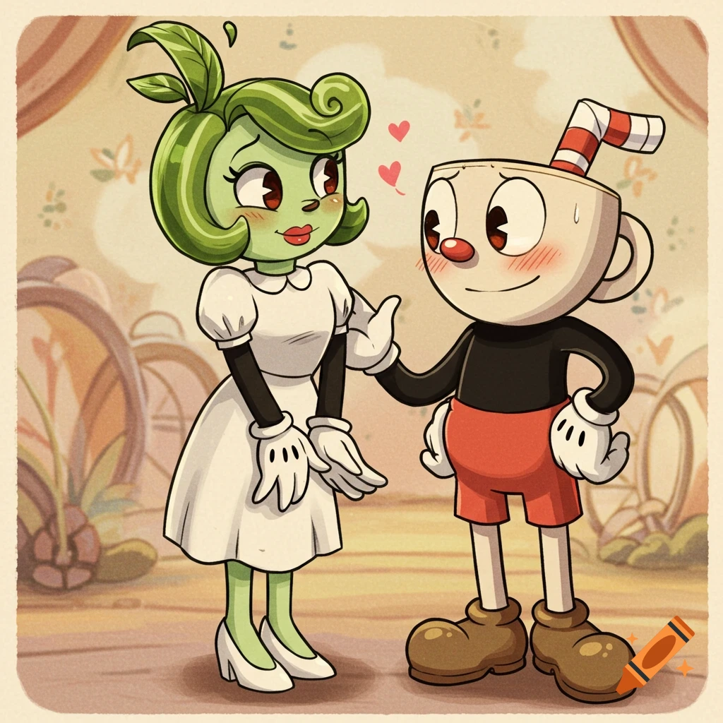 Cuphead flirts with an anthropomorphic green tea girl with leaves for hair, both blushing in a retro cartoon style.